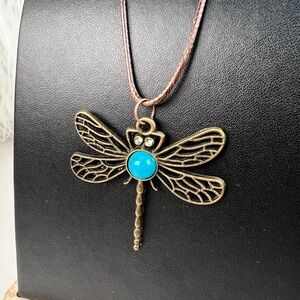 Aged brass tone faux turquoise dragonfly pendant + free 16” cord necklace